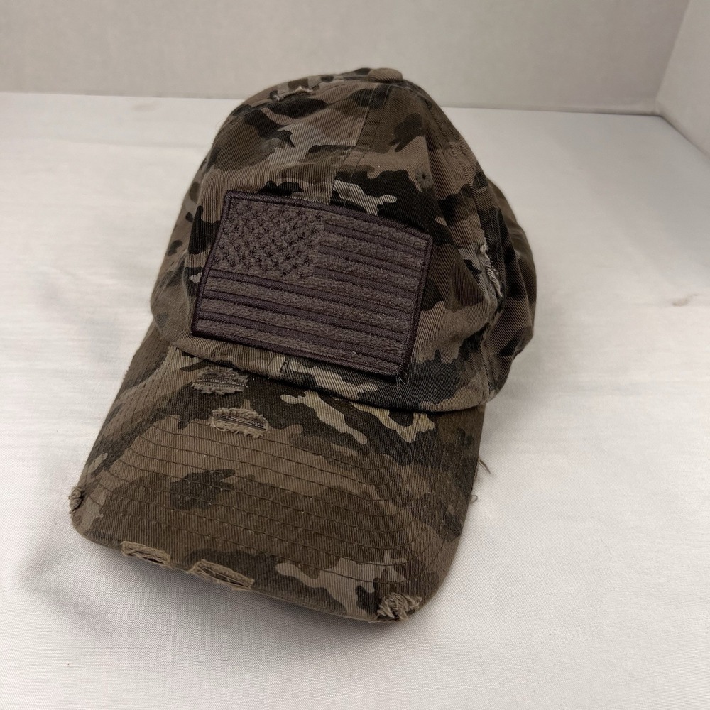 Camoufllage Camo Hat Cap Distressed Adjustable Hunting USA Flag Patriotic Green